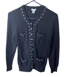 Cache’ size M black knit faceted button chain accent cardigan.