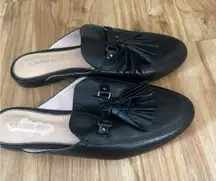 Gianni Bini Black Leather Tassels Paris Almond Toe Loafer Mules Size 6.5