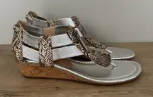 Donald Pliner Dori Sandals Silver Snake Print Wedge Thong Zipper Edgy Size 6.5 M