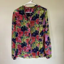 W118 By Walter Baker Blouse Floral Button Up Top Mandarin Collar Sheer‎