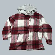 Red White Plaid Jacket Coat flannel button up fall autumn women’s medium hooded