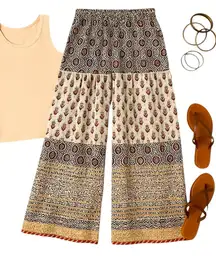 Studio Rasa Block Print Palazzo Pants Size 40 Tiered Wide Leg with Metallic Hem