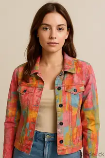 Vintage Chico’s Tie Dye Abstract Art Colorful Pastel  Denim Jacket Jean Jacket