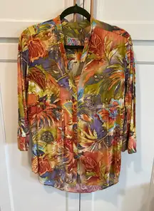 Vintage Jams World Hawaiian Floral Print Long Sleeve Tunic boho chic Top Size M