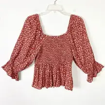 American Eagle Red & Beige Floral Smocked Puff Sleeve Blouse Top Size S