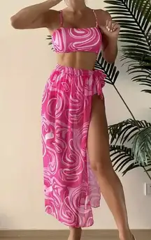 SHEIN Pink Swirl High Waisted Bikini Three Piece Set Small
