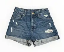 H&M Women’s Blue Distressed Denim Shorts High Waist Mom Shorts Size 4
