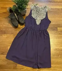 Audrey Backless Lace Overlay High Neck Purple Tan Midi Dress Size Large