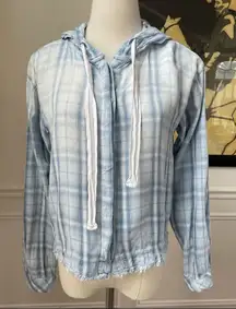 Cloth & Stone Melange Blue Plaid Fray Hem Button Front Hoodie Shirt XS