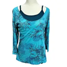 NEW  Turquoise and Navy Layer Look 3/4 Sleeve Print Top Size Medium