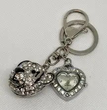 Alexis Bendel Clip On Purse Fob keychain silver Tone heart shaped watch running