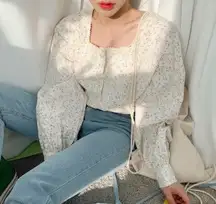 Floral blouse button cream white shirt puff sleeve