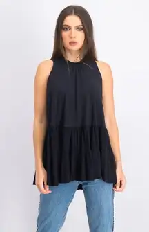 Free People Right On Time Tie Back Peplum Cotton Blend Tunic Top Black Blue M