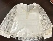 Hale Bob Ivory Crochet Boho Bell Sleeve Tassel Blouse Large