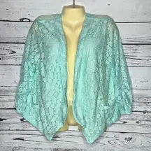 Cato Size L Blue Geometric Lace Ruched Sleeve Open Front Jacket Cardigan