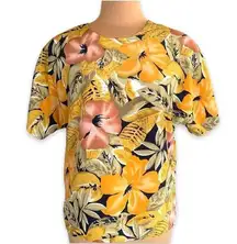 Vintage 80s LeCaviar Shirt Black Yellow Short Sleeve Tropical Dark Floral Detail