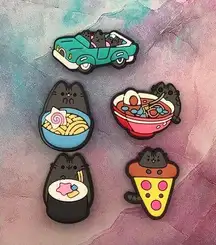 Shoe Charm Set Cats in Car and Pusheen Noodles Ramen Sushi and Pizza