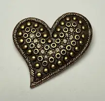 Chico’s Rhinestone Textured Heart Bronze Tone Pin Brooch Signed