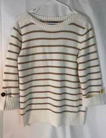 Jones New York Crew Neck White Sweater with Gold‎ Stripes 3/4 sleeves Size XL