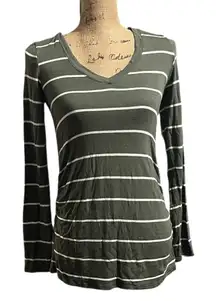 Juniper Lane Maternity Striped Olive Green & White Long Sleeve Tee