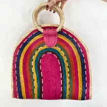 None Woven Straw Colorful Rainbow Oversized Tote Bag Handmade Artisan Bag