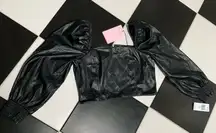 NWT  Faux Leather Black Crop Top Smocked Puffy Balloon Sleeves M