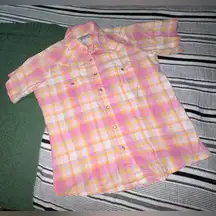 Wrangler Blues Plaid Western Shirt‎ Medium Pink Orange Short Sleeve Button Up
