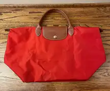 Longchamp Vibrant Red Tote with Brown Leather Trim