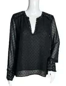 Zara Basic Swiss Dot Blouse Black‎ White Long Sleeve Sheer Split V-Neck