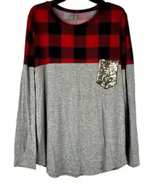 Acting Pro Women’s Long Sleeve Plaid Sequin Pocket Shirt 1X