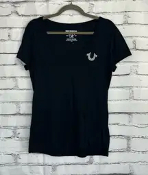 True Religion Rhinestone Logo V-Neck T-Shirt Women’s L Black Short Sleeve Tee