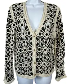Solitaire Women’s Embroidered Chrochet Black Cream Floral Cardigan‎ Boho Sweater
