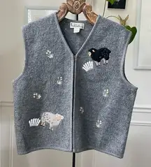 Vintage Boiled Wool Sheep Applique Full Zip Vest Grey XL