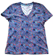 100% Pima Cotton Paisley Short Sleeve V Neck T-shirt Blue Red Top M