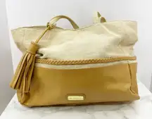 Big Buddha Beige Canvas Faux Leather Tote Bag with Tassel