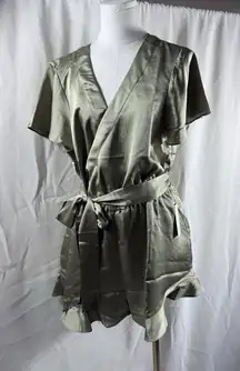 Show Me Your Mumu Say I Do Romper Moss Green Luxe Tie Waist Satin Medium NEW‎