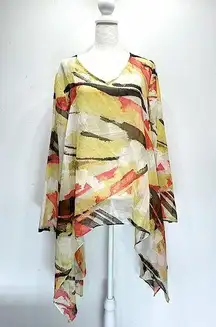 Chico’s Travelers Collection Earth Tone Sheer Asymmetric Hem Flowy Pullover 2/L