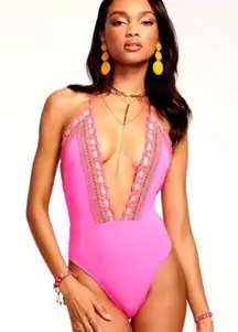 Ramy Brook pink low-cut one-piece swimsuit XS NWT vacation beachy luxe p…