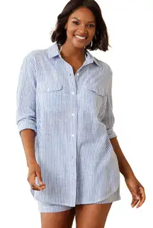 Tommy Bahama Shoreline Boyfriend Blue and White Striped Shirt size medium