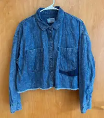 American Eagle Cropped Denim Shirt‎ Jacket Acid Wash Frayed Hem L/XL