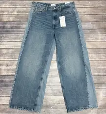Zara Medium Wash Two Tone Mid Rise Wide Leg Shifted Off Set Seams Jeans 10 NWT