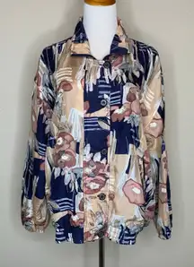 Vintage 100% Silk Floral Jacket Sz Large Blue Pink Peach Tan