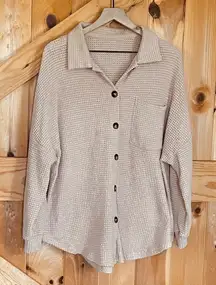 Tan Waffle Knit Button Down Woman's Large Shirt‎ Shacket Long Sleeve Collared