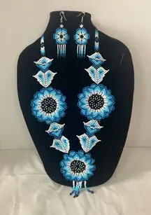 Blue,white and Black Beaded flower 🌼 Necklace and Earring Set