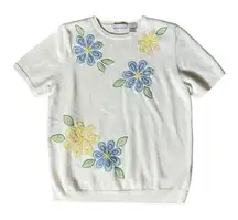 Vintage Alfred Dunner NWOT White Blue Yellow Floral Beaded Embroidered Top