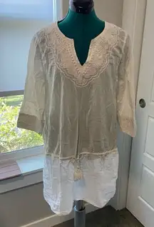 Lands’ End White 100% Cotton 3/4 Sleeves Short Swim Cover Up Medium