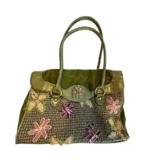 Vintage Green Floral Embroidered Handbag With Dual Handles & Croc Texture Accent