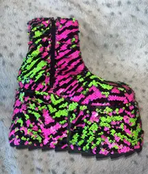 YRU Qomet Zebra Stripe Sequin Platforms