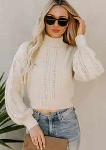 Blue Blush Size S Balloon Sleeve Mock Neck Sweater Cream Beige Knit Cozy Crop