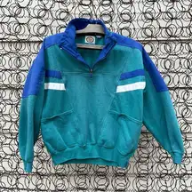 Vintage 80s teal blue white stripe color block quarter zip sweatshirt SMALL